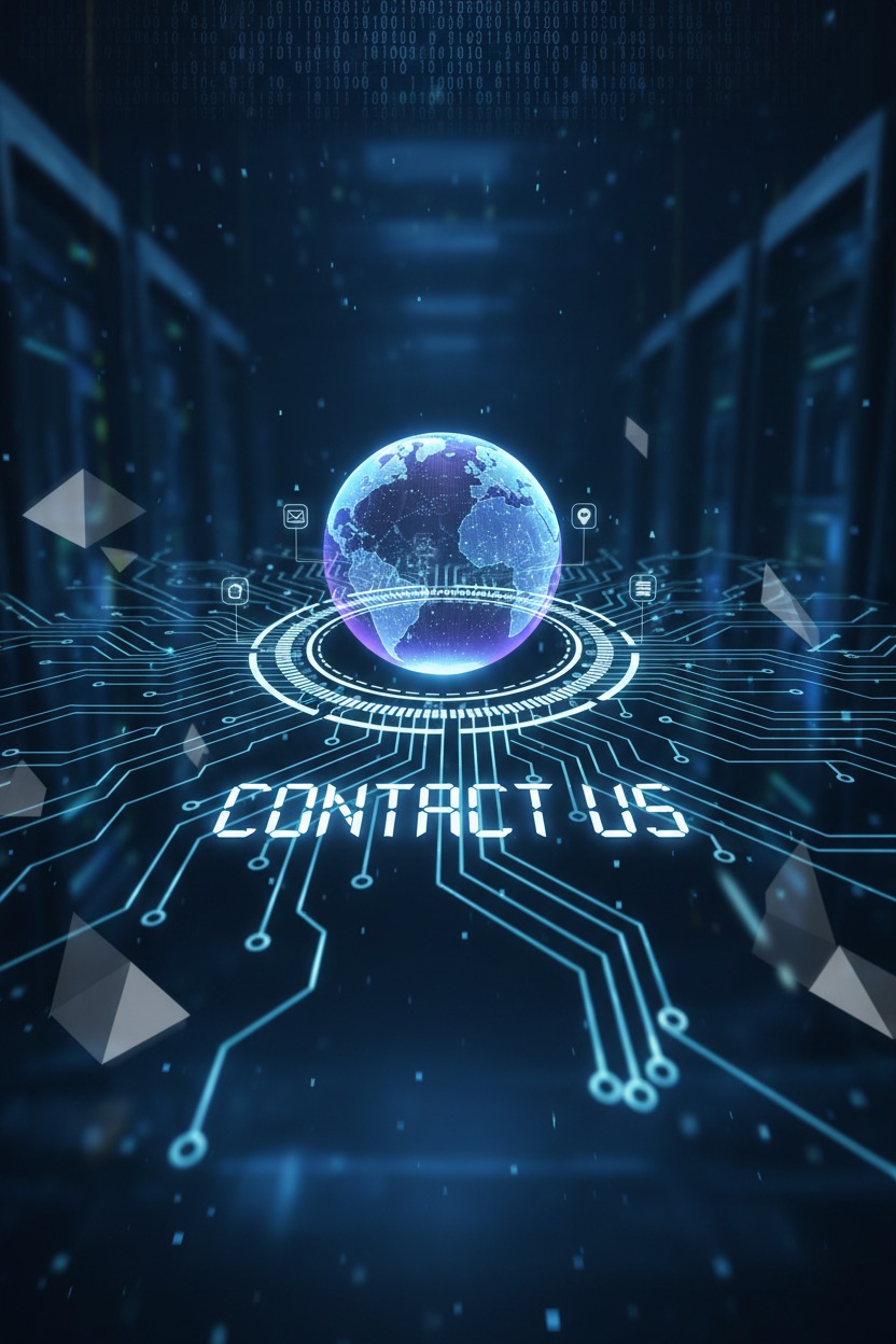 A glowing digital globe sits atop a circuit board pattern with the text "CONTACT US" displayed in a server room environment.